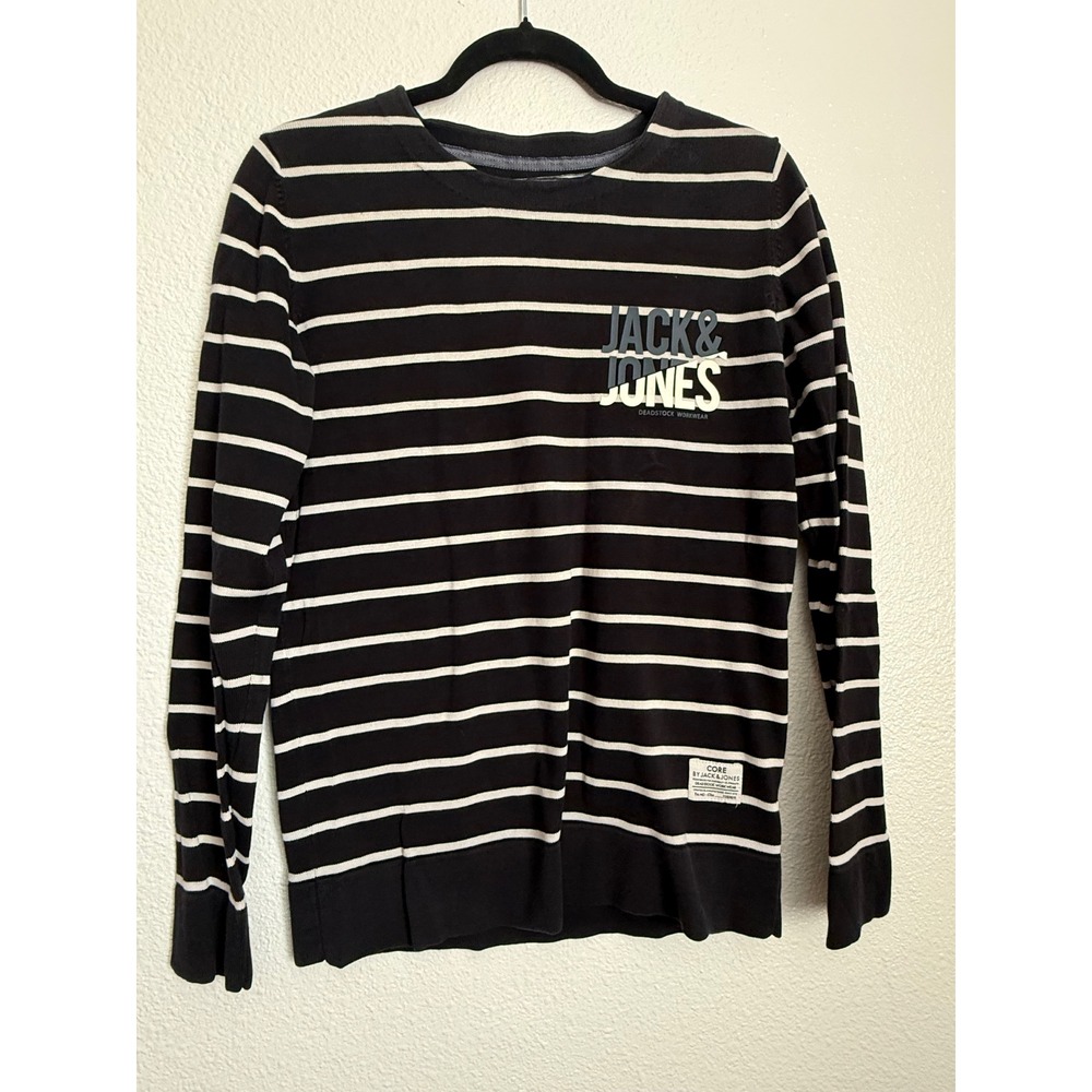 Jack & Jones Core Mens Striped Long Sleeve Sweater Black White Logo Size Medium
